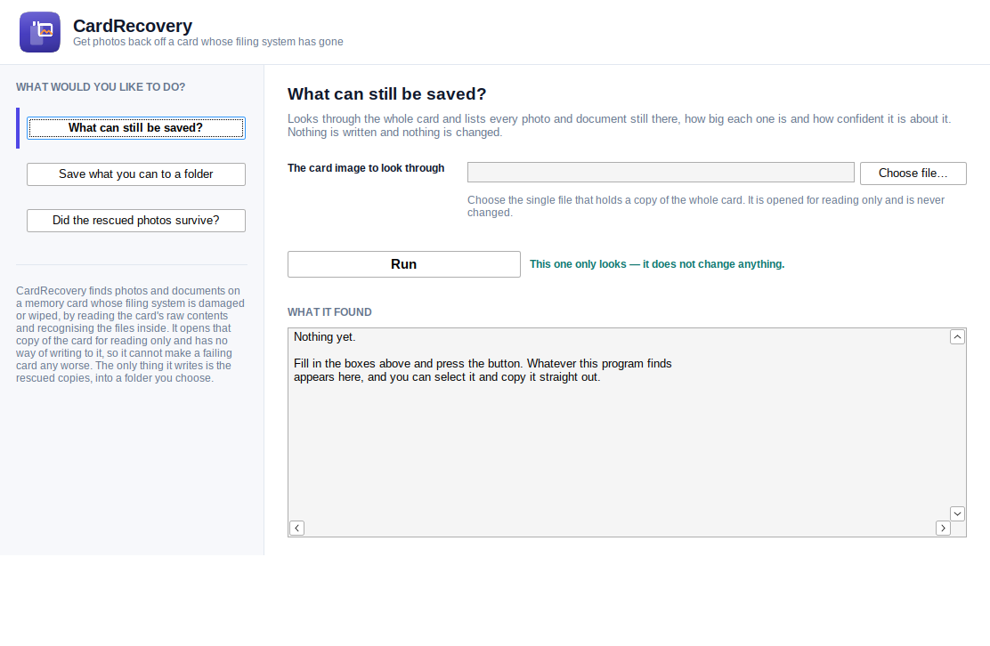 The CardRecovery window running on Windows