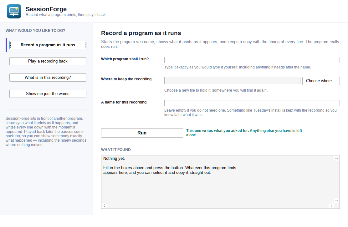 The SessionForge window running on Windows
