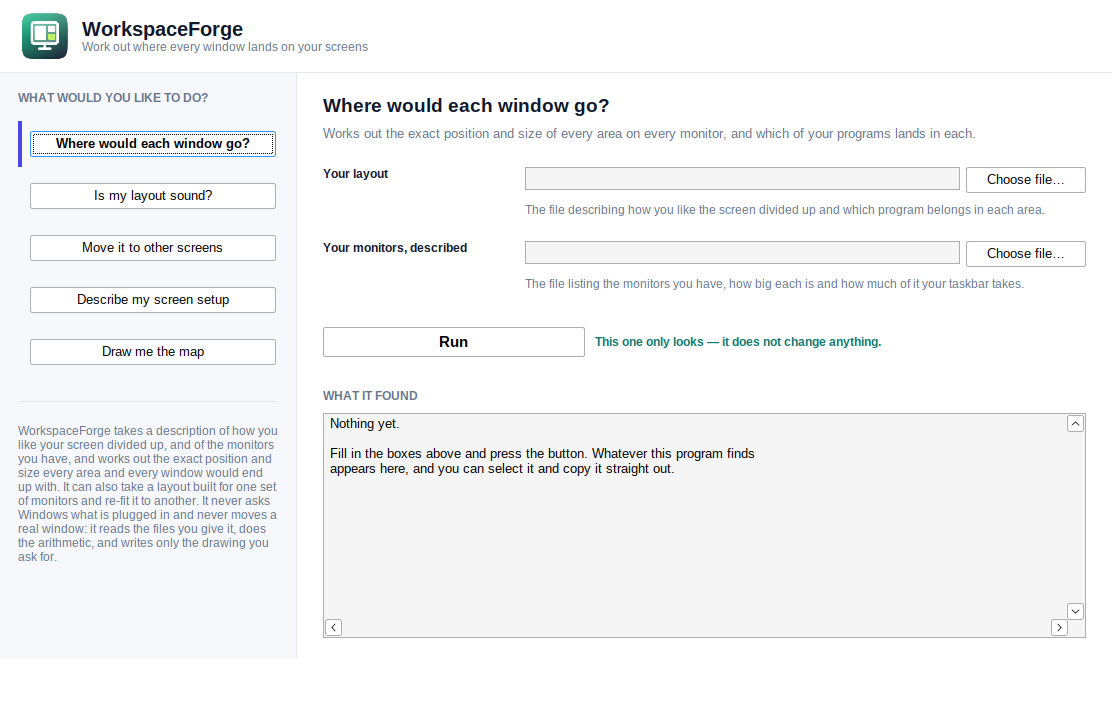 The WorkspaceForge window running on Windows
